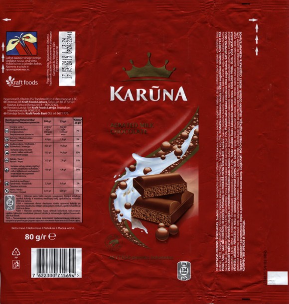 Karuna, aerated milk chocolate, 80g, 17.05.2012, Kraft Foods Lietuva, Kaunas, Lithuania