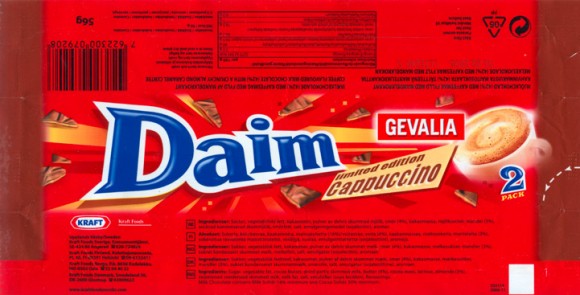 Daim, coffee flavoured milkChocolate with a crunchy almond centre, 56g, 01.02.2007, Kraft Foods Sverige, Angered, Sweden