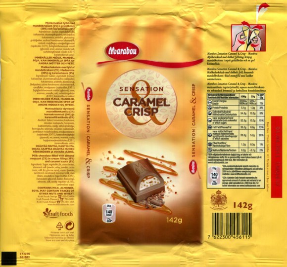 Marabou Sensation, Milk chocolate filled with almond croquant in cream filling and caramel sauce, 142g, 01.04.2010, Kraft Foods Sverige, Angered, Sweden