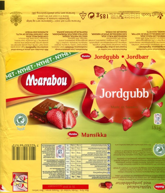 Marabou, Jordgubb, milk chocolate with pieces of freeze-dried strawberries, 185g, 25.12.2011, Kraft Foods Sverige, Sweden