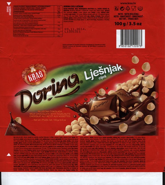 Dorina, milk chocolate with hazelnuts, 100g, 09.11.2013, Kras Prehrambena Industrija, Zagreb, Croatia