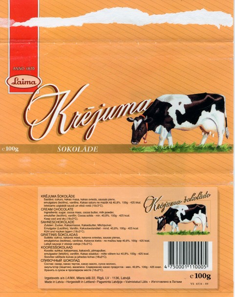 Cream chocolate, 100g, 22.10.1996
Laima, Riga