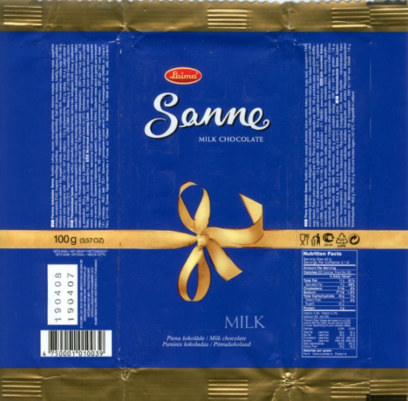 Sanne, milk chocolate, 100g, 19.04.2007, AS Laima, Riga, Latvia