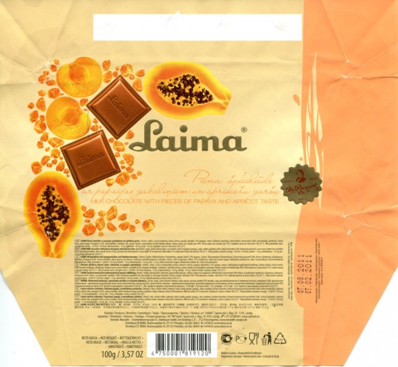 Milk chocolate with pieces of papaya and apricot taste, 100g, 07.02.2011, Laima, Riga, Latvia