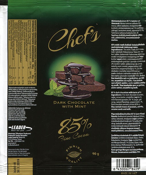 Chefs,dark chocolate with taste of mint, 90g, 31.1.2018, Leader Foods Oy, Vantaa, Finland