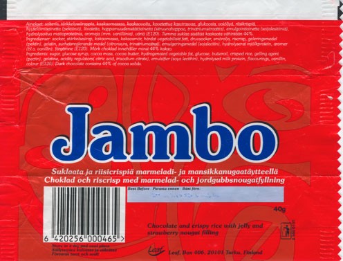 Jambo, chocolate and crispy rice with jelly and strawberry nougat filling, 40g, 2002
Leaf, Turku