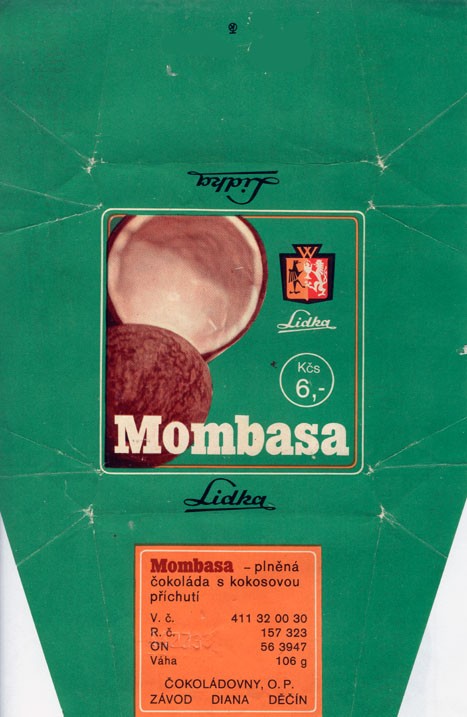 Mombasa, milk chocolate with coco, 106g, about 1980, Lidka (Diana), Decin, Czech Republic (CZECHOSLOVAKIA)