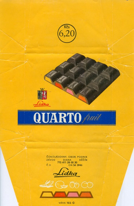 Quarto fruit, milk chocolate with fruit filling, 103g, about 1970, Lidka (Diana), Decin, Czech Republic (CZECHOSLOVAKIA)