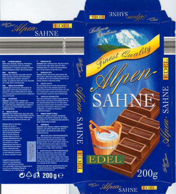 Alpen Sahne, Edel,  milk chocolate, 200g, 30.09.2004
Lidl Stiftung &Co.KG, Neckarsulm 
