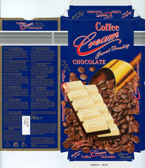 A layer of coffee flavoured chocolate topped with a layer of white chocolate, 200g, 31.03.2007, Lidl Stiftung&Co.KG, D-74167 Neckarsulm, Germany