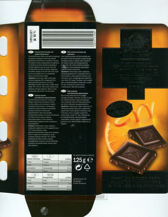 J.D.Gross, finest chocolate from Arriba cocoa beans, Ecuador 70% premium cocoa, dark chocolate with candied orange pieces, 125g, 14.08.2009, Lidl Stiftung&Co.KG, D-74167 Neckarsulm, Germany