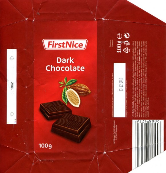 FirstNice, dark chocolate, 100g, 30.12.2009, Lidl Stiftung&Co.KG, D-74167 Neckarsulm, Germany