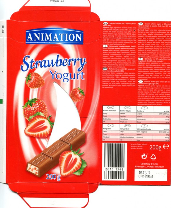 Animation, filled milk chocolate with a strawberry flavour yoghurt filling, 200g, 26.11.2009, Lidl Stiftung&Co.KG, D-74167 Neckarsulm, Germany