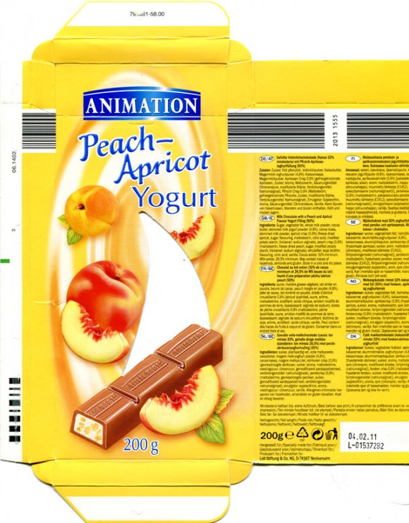 Animation, milk chocolate with a peach and apricot flavour yogurt filling, 200g, 04.02.2011, Lidl Stiftung&Co.KG, D-74167 Neckarsulm, Germany