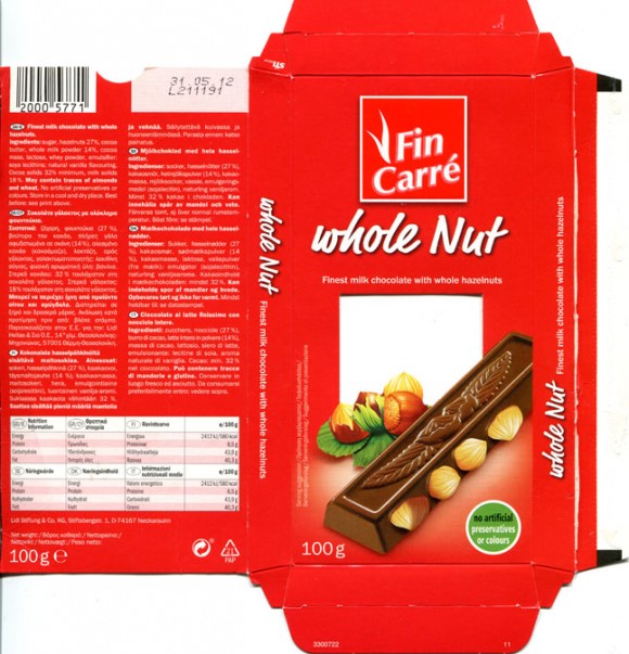 FinCarre, milk chocolate with whole nuts, 100g, 31.05.2011, Lidl Stiftung&Co.KG, D-74167 Neckarsulm, Germany