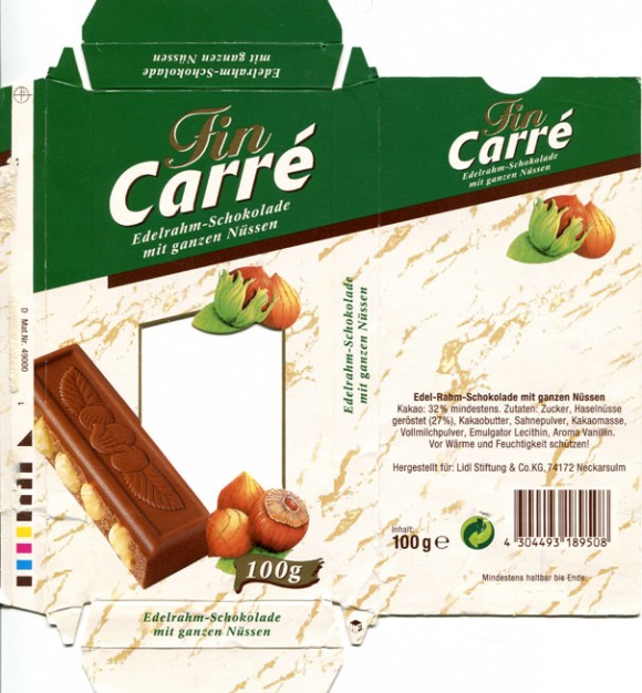 FinCarre, milk chocolate with whole nuts, 100g, 04.1998, Lidl Stiftung&Co.KG, D-74167 Neckarsulm, Germany