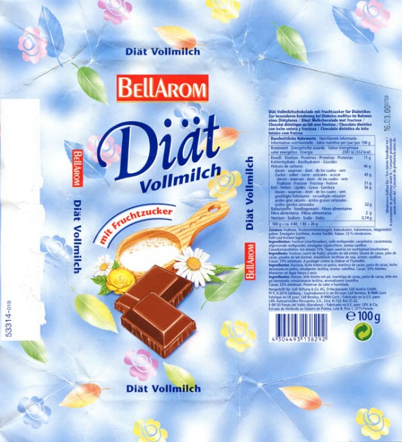 Bellarom, diat, milk chocolate, 100g, 16.03.1999, Lidl Stiftung&Co.KG, D-74167 Neckarsulm, Germany