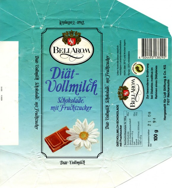 Bellarom, diat, milk chocolate, 100g, 21,08,1993, Lidl Stiftung&Co.KG, D-74167 Neckarsulm, Germany