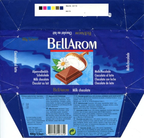 Bellarom, milk chocolate, 100g, 10.1998, Lidl Stiftung&Co.KG, D-74167 Neckarsulm, Germany