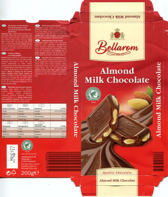 Bellarom, milk chocolate with whole roasted almonds, 200g, 11.04.2013, Lidl Stiftung&Co.KG, Neckarsulm, Germany