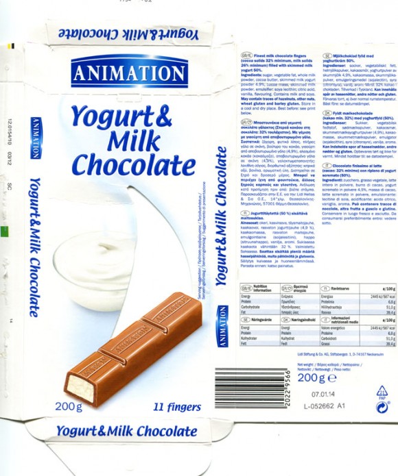 Animation,finest milk chocolate fingers filled with skimmed milk yogurt, 200g, 07.01.2013, Lidl Stiftung&Co.KG, Neckarsulm, Germany