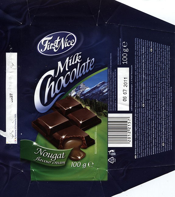 First Nice, milk chocolate with nougat flavour cream filled, 100g, 06.07.2010, Lidl Stiftung&Co.KG, Neckarsulm, Germany