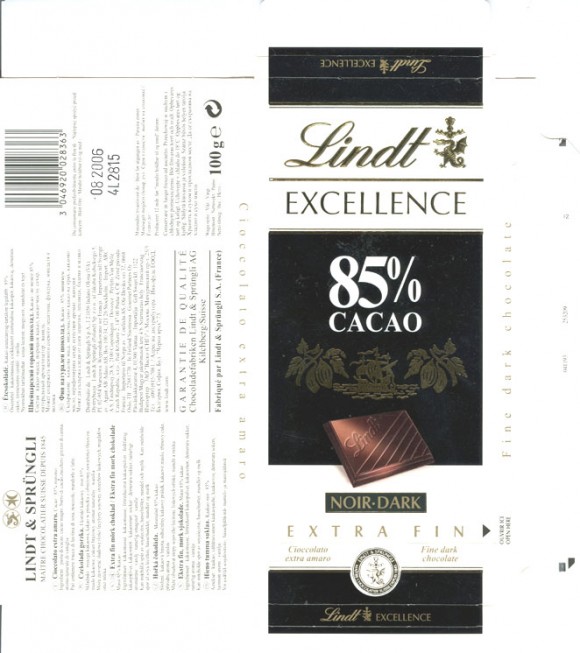 Excellence, dark fine chocolate 85% cacao, 100g, 08.2005, Lindt & Sprungli,Kilchberg, Switzerland
