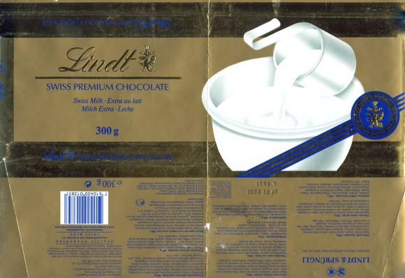 Swiss Premium Chocolate, Swiss milk chocolate, 300g, 31.12.2001, Lindt & Sprungli, Kilchberg, Switzerland