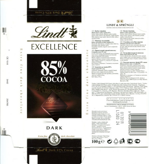 Excellence, 85% cocoa, extra fine chocolate, 100g, 11.05.2010, Lindt & Sprungli, Kilchberg, Switzerland