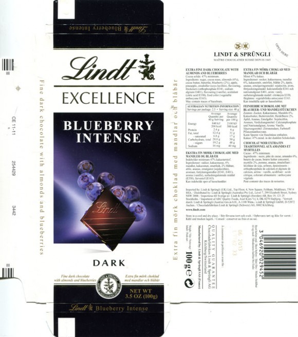 Lindt Excellence, extra fine dark chocolate with almonds and blueberries, 100g, 06.2012, Lindt & Sprungli AG, Kilchberg, Switzerland