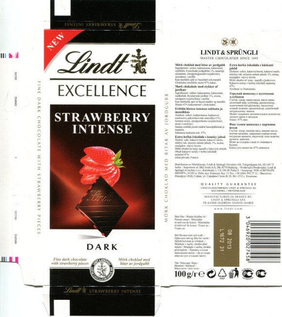 Lindt Excellence, fine dark chocolate with strawberry pieces, 100g, 08.2012, Lindt & Sprungli AG, Kilchberg, Switzerland