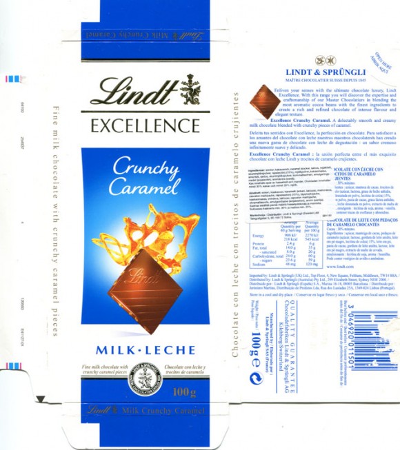 Lindt Excellence, milk chocolate with crunchy caramel, 100g, 10.2012, Lindt & Sprungli AG, Kilchberg, Switzerland