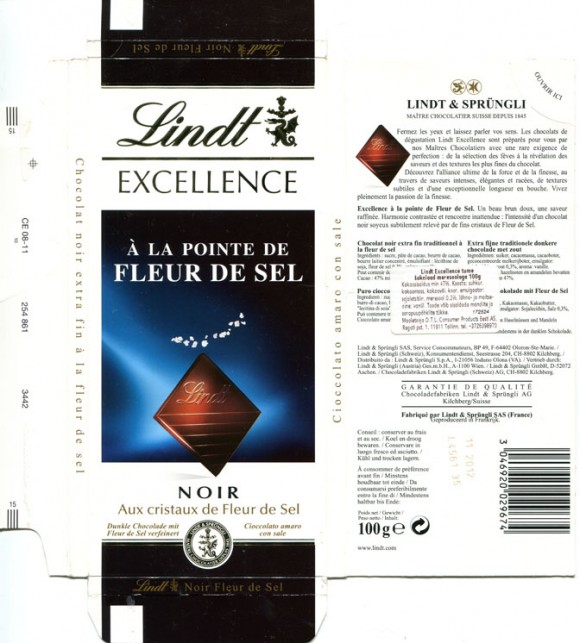 Lindt Excellence, extra fine chocolate with salt, 100g, 11.2011, Lindt & Sprungli AG, Kilchberg, Switzerland