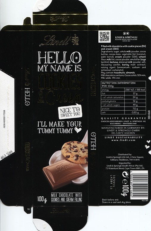 Hello my name is Cookies and Cream, milk chocolate with cookies and cream filling, 100g, 10.2014, Lindt & Sprungli AG, Kilchberg, Switzerland