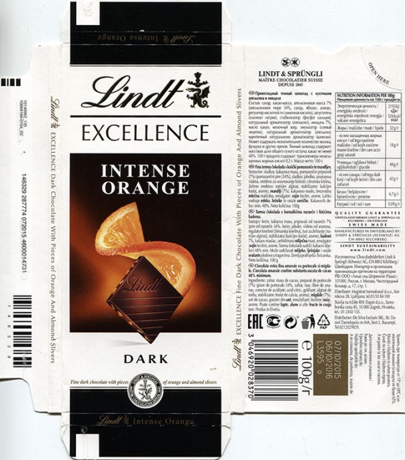 Fine dark chocolate with pieces of orange and almond slivers, 100g, 07.10.2015, Lindt & Sprungli AG, Kilchberg, Switzerland