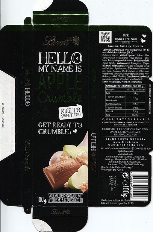 Hello my name is Apple Crumble, 100g, 05.2013, Lindt & Sprungli, Aachen, Germany