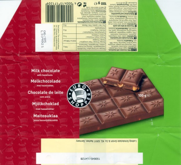 Euro Shopper, milk chocolate with hazelnuts, 100g, 06.2004
Ludwig Schocolade GmbH&Co.KG, 52017 Aachen