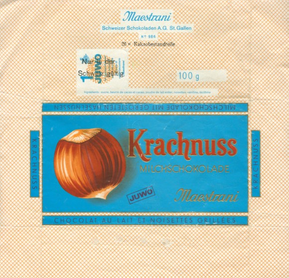 Krachnuss, milk chocolate with whole roasted hazelnuts, 100g, Maestrani Schweizer Schokoladen AG, St. Gallen, Switzerland