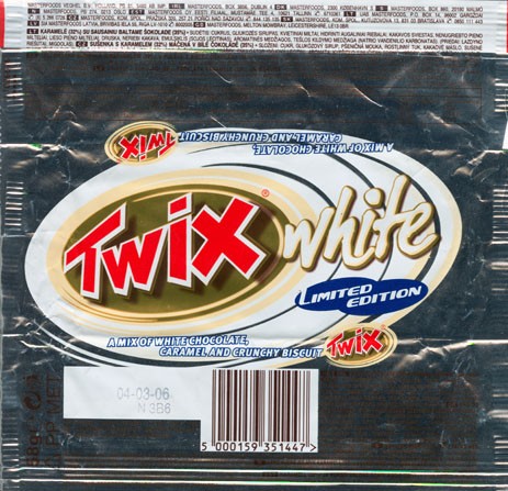 Twix, white chocolate covered caramel and biscuit, 58g, 04.03.2005, Masterfoods Veghel B.V, the Netherlands