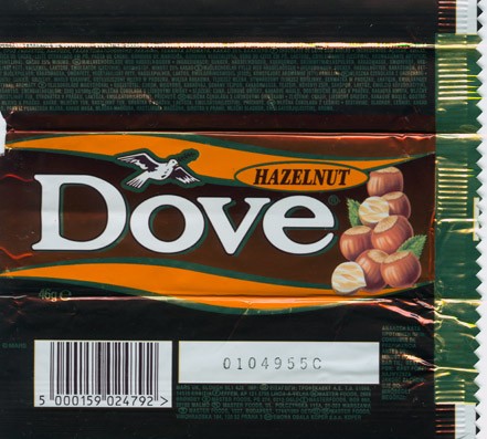 Dove , milk chocolate with hazelnuts ,46g,  01.04.1994
Mars confectionery , Slough, England