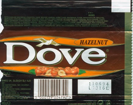Dove , milk chocolate with hazelnuts ,46g,  11.06.1993
Mars confectionery , Slough, England