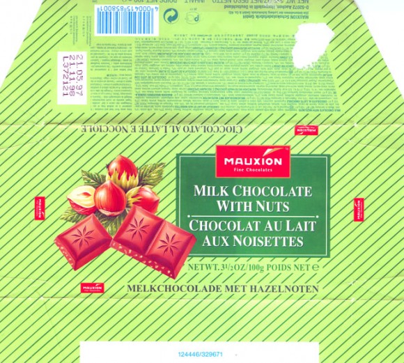 Milk chocolate with nuts, 100g, 21.05.1997
Mauxion Schokoladefabrik Gmbh (Ein Unternehmen Schokolade GmbH&Co.KG) Aachen