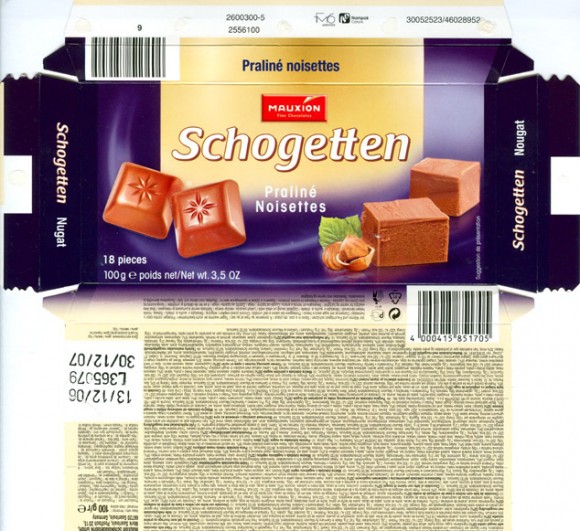 Schogetten, filled milk chocolate with nougat centre, 100g, 13.12.2006, Mauxion Schokoladefabrik GmbH, Saarlouis, Germany