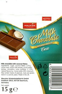 Milk chocolate with coco, 15g, 2010, Mauxion GmbH, Aachen, Berlin, Germany