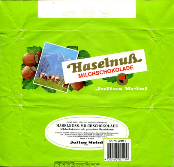 Milk chocolate with hazelnuts, 07.1983, 100g, Julius Meinl, Wien, Austria