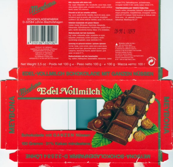Edell-Volmilch, milk chocolate with whole nuts,100g, 09.1998
Meybona Schokoladefabrik Lohne-Bischofshagen