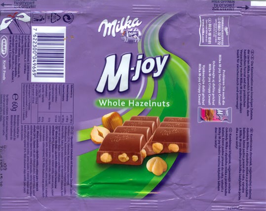Milka, Alpine milk chocolate with whole hazelnuts, 60g, 03.01.2008, Kraft Foods Manufacturing GmbH & Co.KG, Bremen, Germany