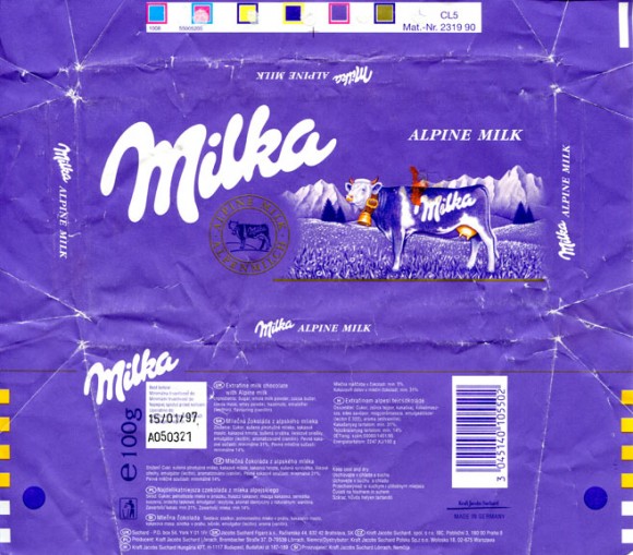 Milka, extrafine milk chocolate with Alpine milk, 100g, 15.01.1996, Kraft Jacobs Suchard, Lorrach, Germany