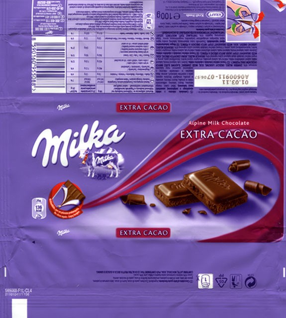 Milka, Alpine milk chocolate, extra cacao, 100g, 01.03.2010, Kraft Foods Deutschland production GmbH & Co. KG., Bremen, Germany