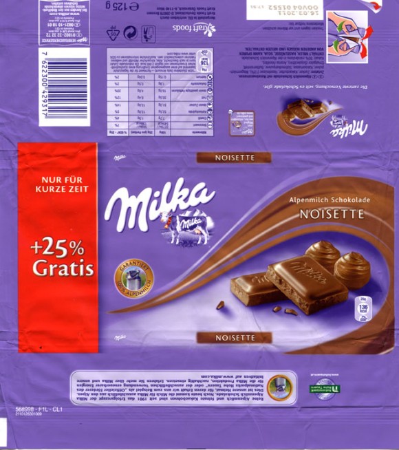 Milka, Alpine milk chocolate with hazelnuts cream, 125g, 16.03.2010, Kraft Foods Deutschland production GmbH & Co. KG., Bremen, Germany